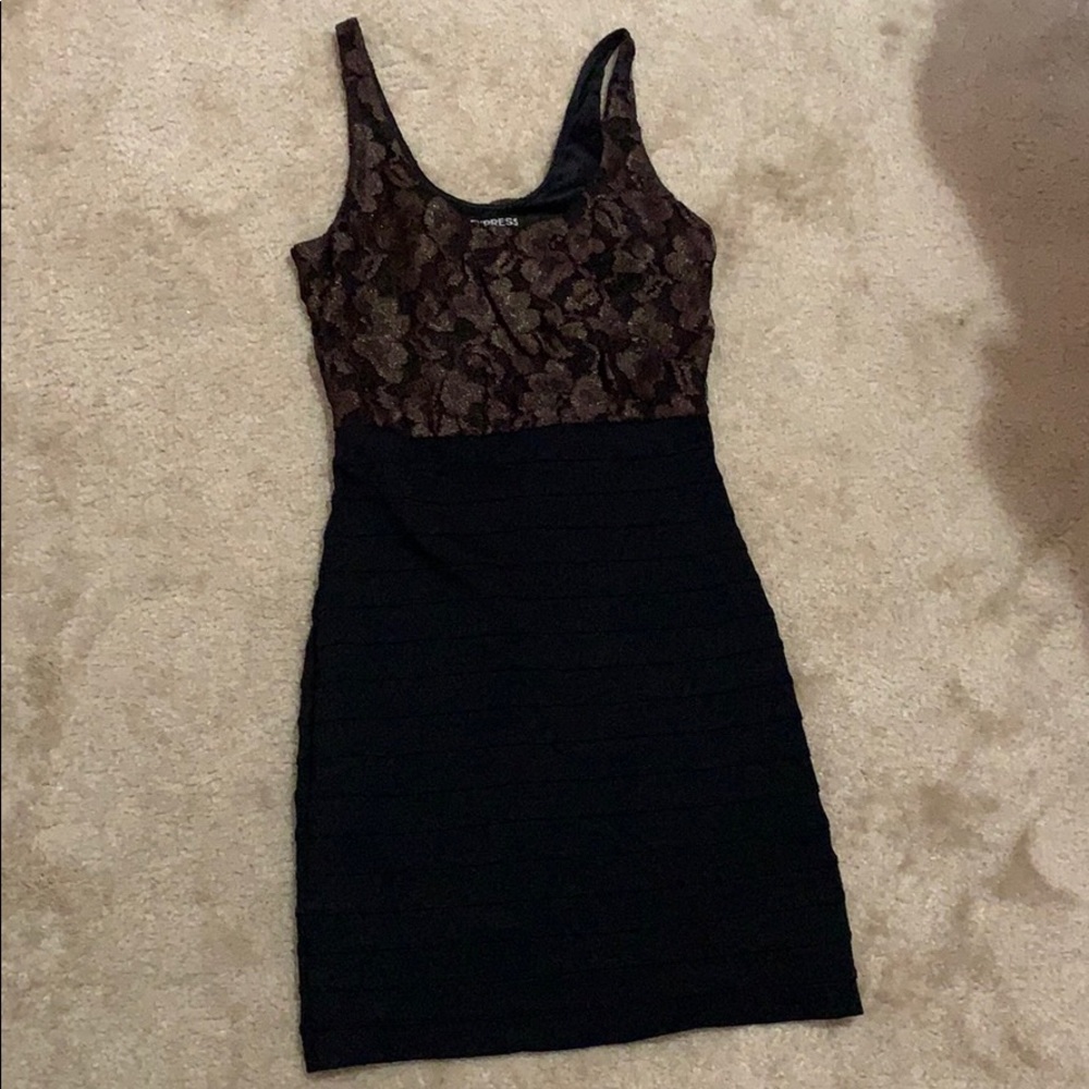 Express Black and Gold Lace Mesh Top Bodycon Dress